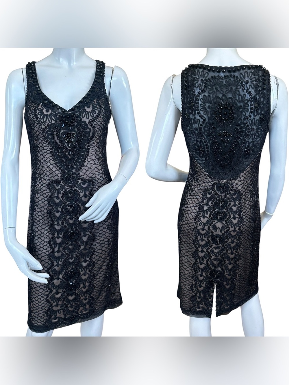Sue Wong Nocturne Nude Black Mesh Beaded Embroidered Formal Sheath Dress Size 6